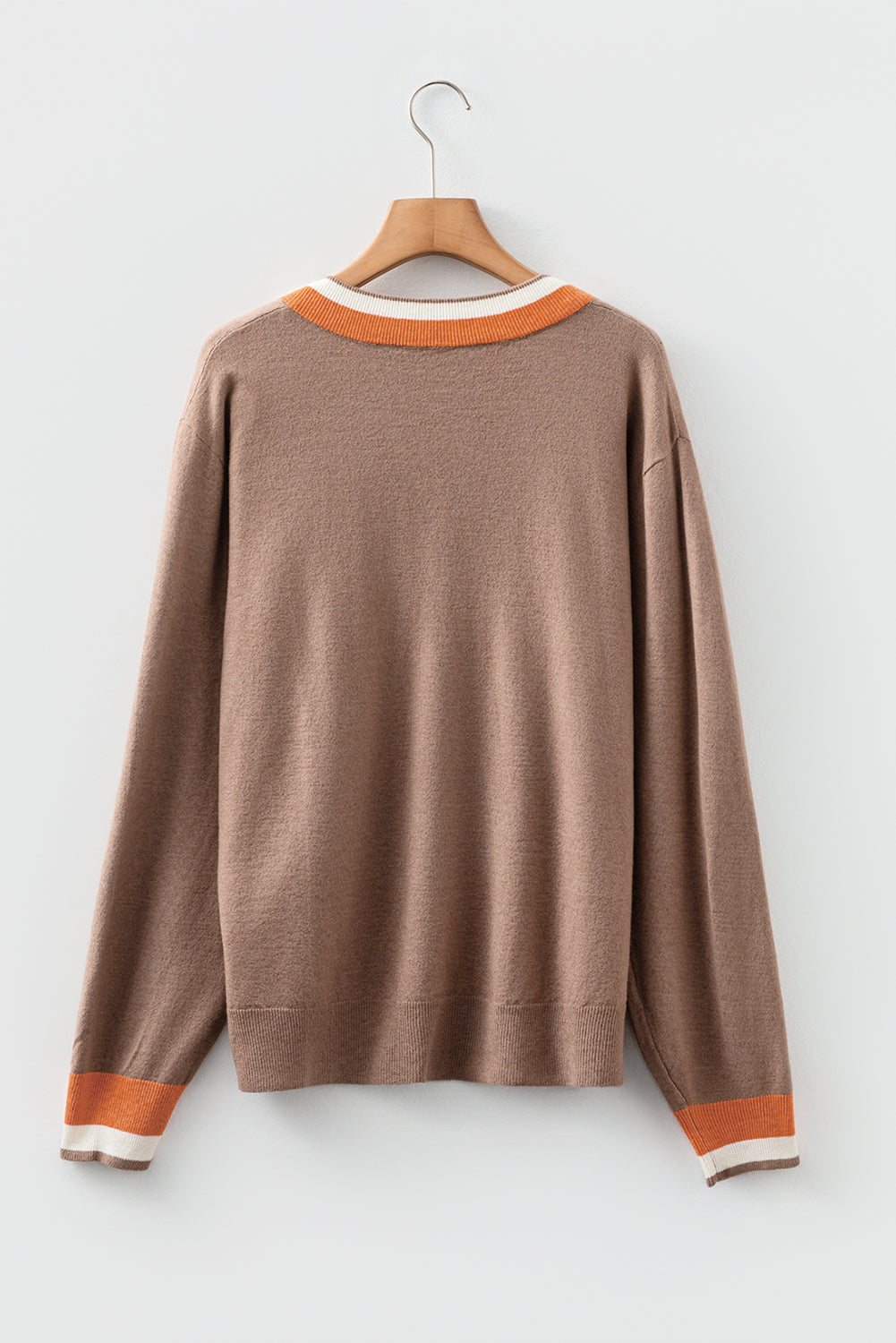 Gray Contrast Striped Trim V Neck Varsity Sweater