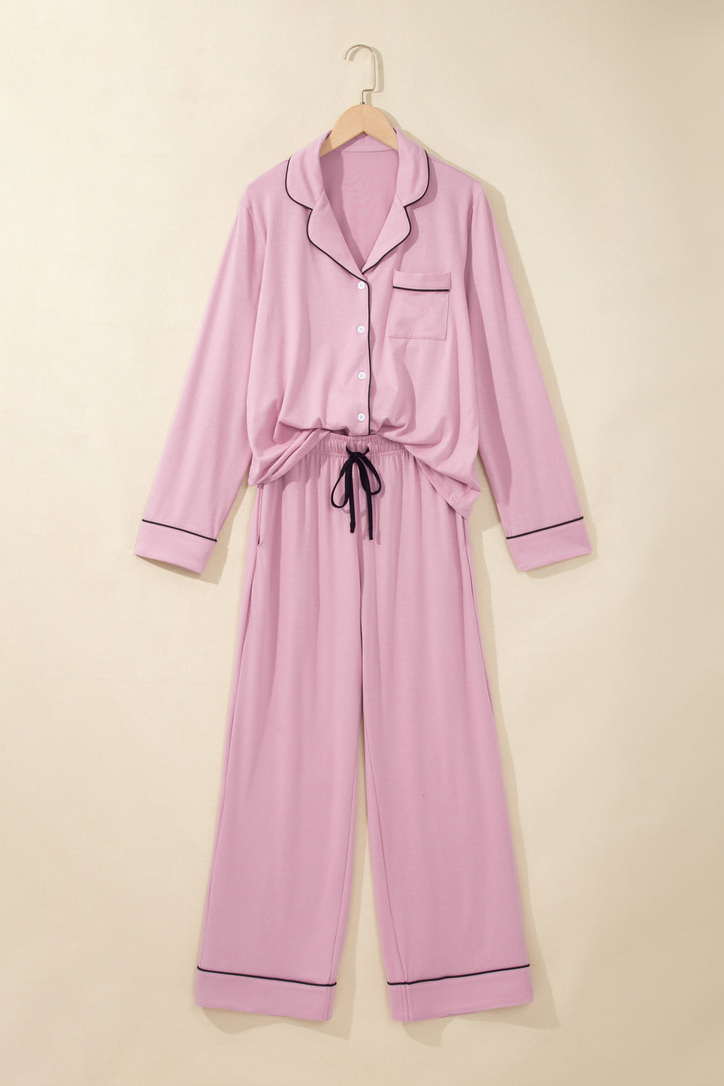 Delicacy Contrast Piping Trim Lapel Button Down Top 2pcs Lounge Pajama Set