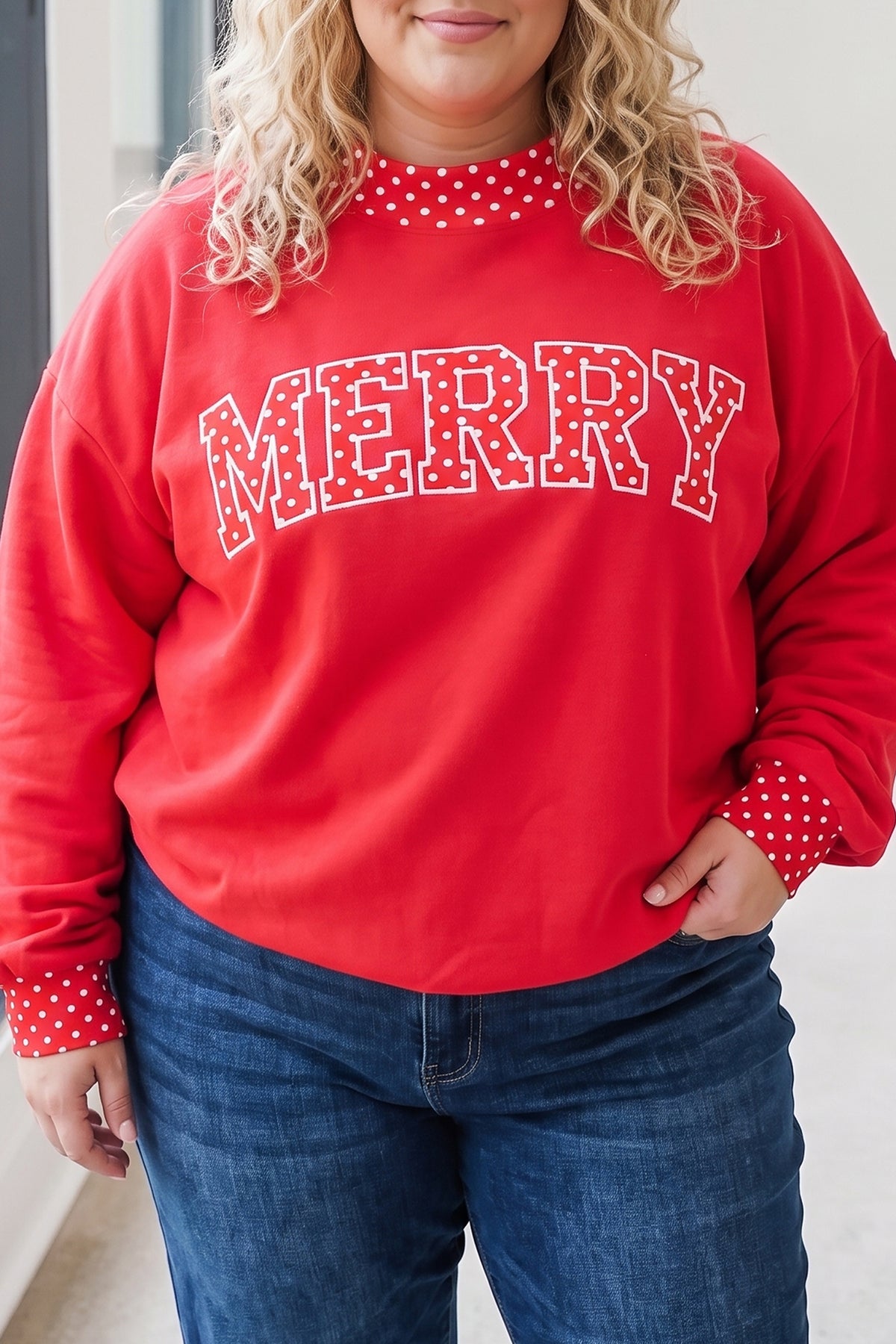 Tomato Red Casual Polka Dot Patchwork Letter Graphic Plus Size Sweatshirt