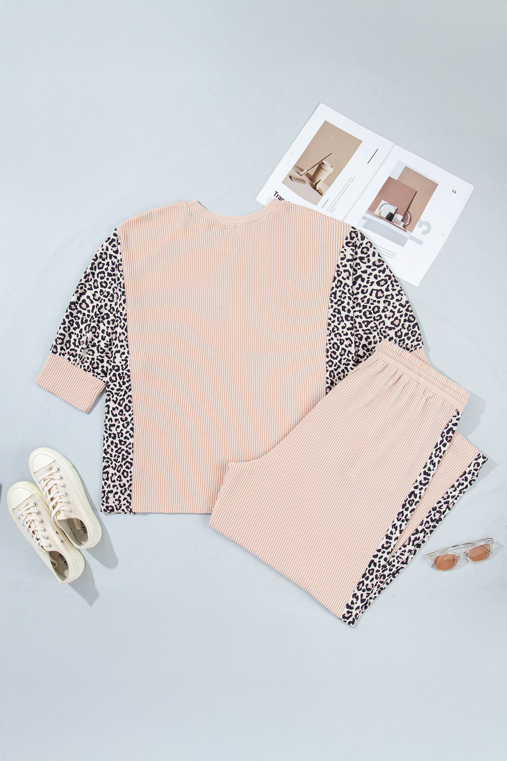 Light French Beige Leopard Print Ribbed Twist Long Sleeve Top Pants Plus Size Set