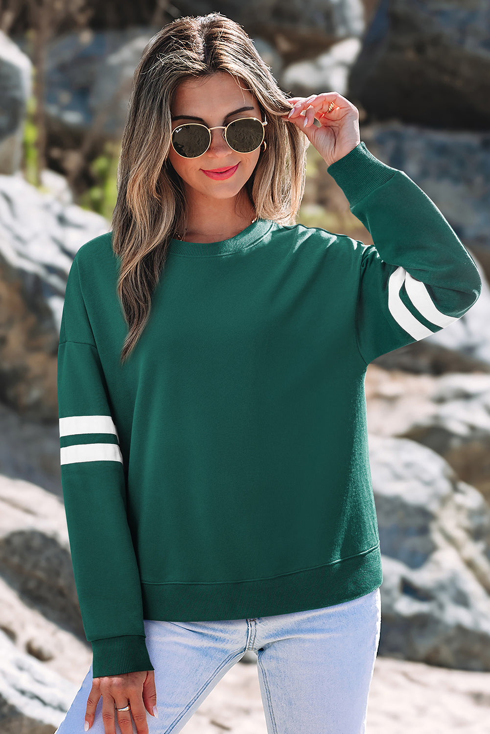 Navy Blue Varsity Striped Detail Drop Shoulder Oversized Sweatshirt