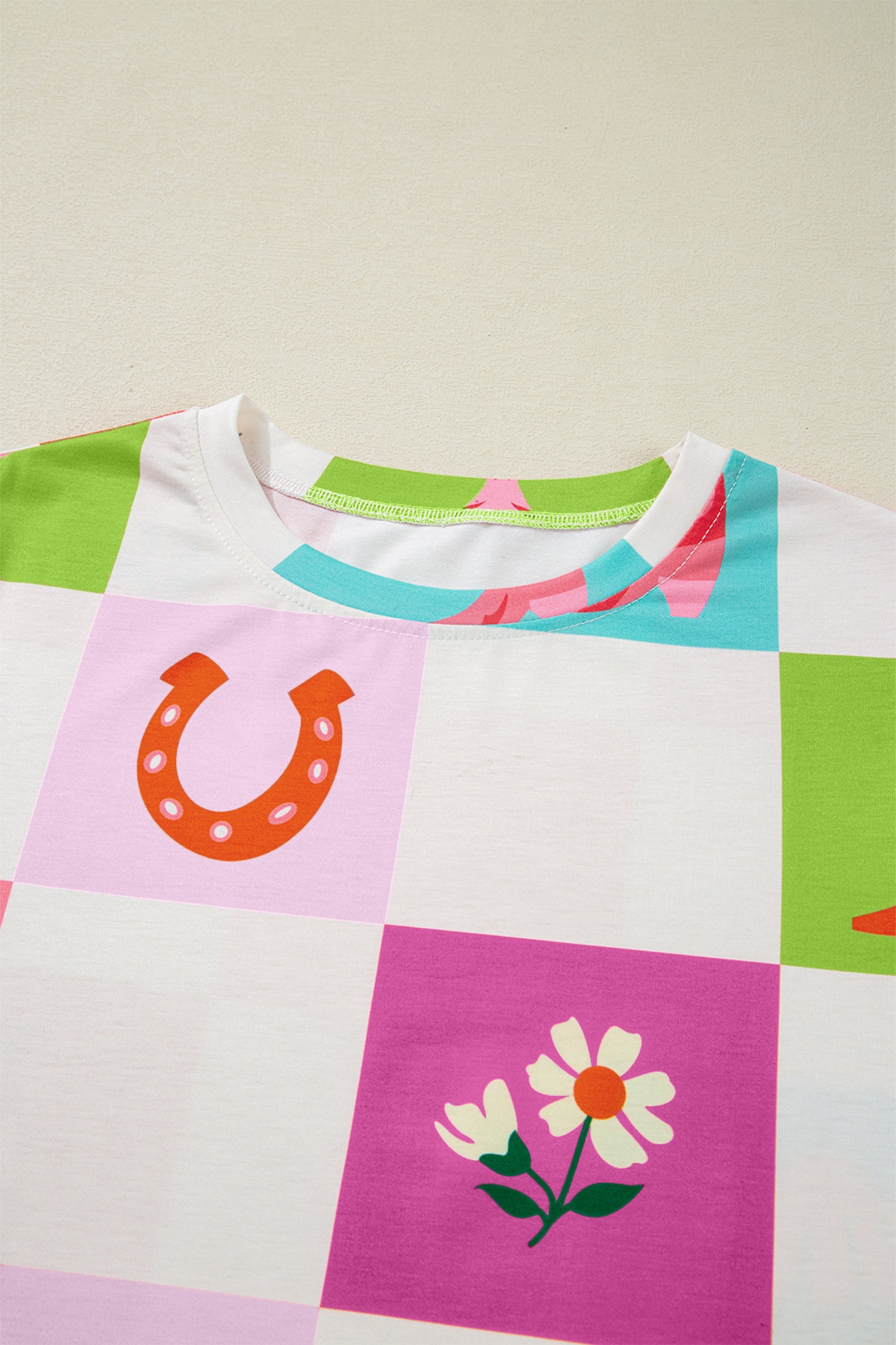 Orange Western Fashion Checker Print Crewneck T Shirt