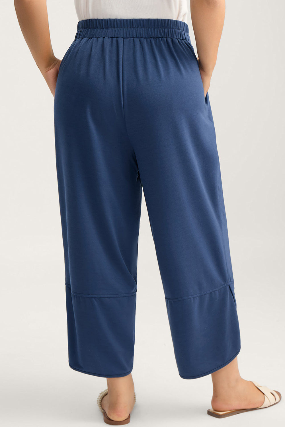 Black Plus Size Elastic Waist Asymmetrical Hem Loose Capris Pants