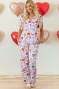 Pink Diverse Bows Buttons Printed Contrast Trim Short Sleeve Shirt Pajama Pant Set