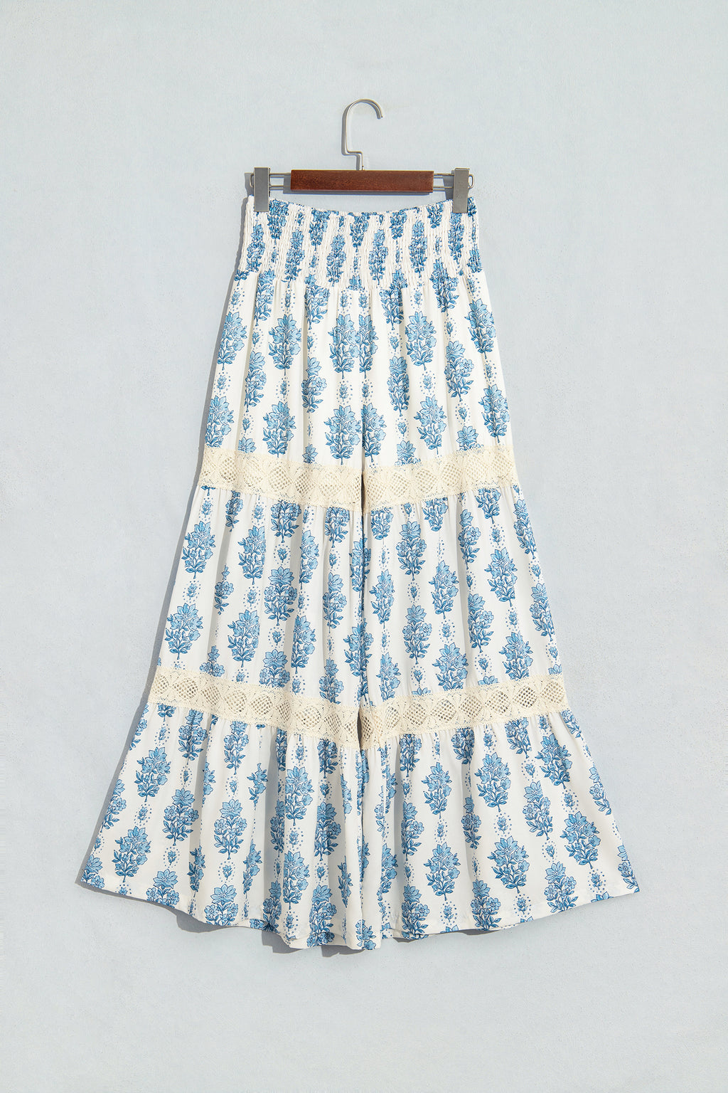 Sky Blue Floral Print Lace Patchwork Detail Wide Leg Pants