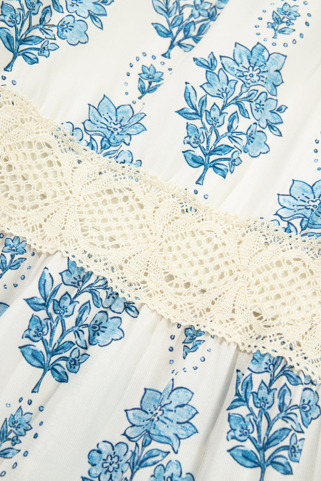 Sky Blue Floral Print Lace Patchwork Detail Wide Leg Pants