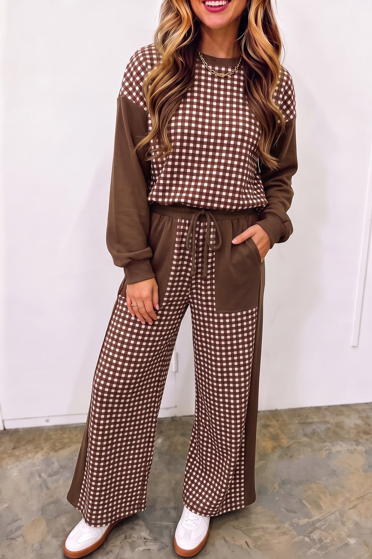 Khaki Color Block Plaid Patchwork Long Sleeve Pullover Wide Leg Pant Set