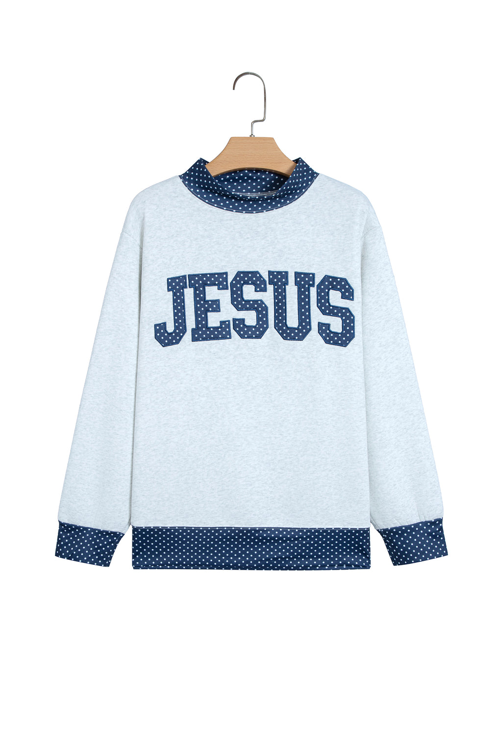 Light Grey Polka Dot Contrast Trim JESUS Letter Graphic Sweatshirt
