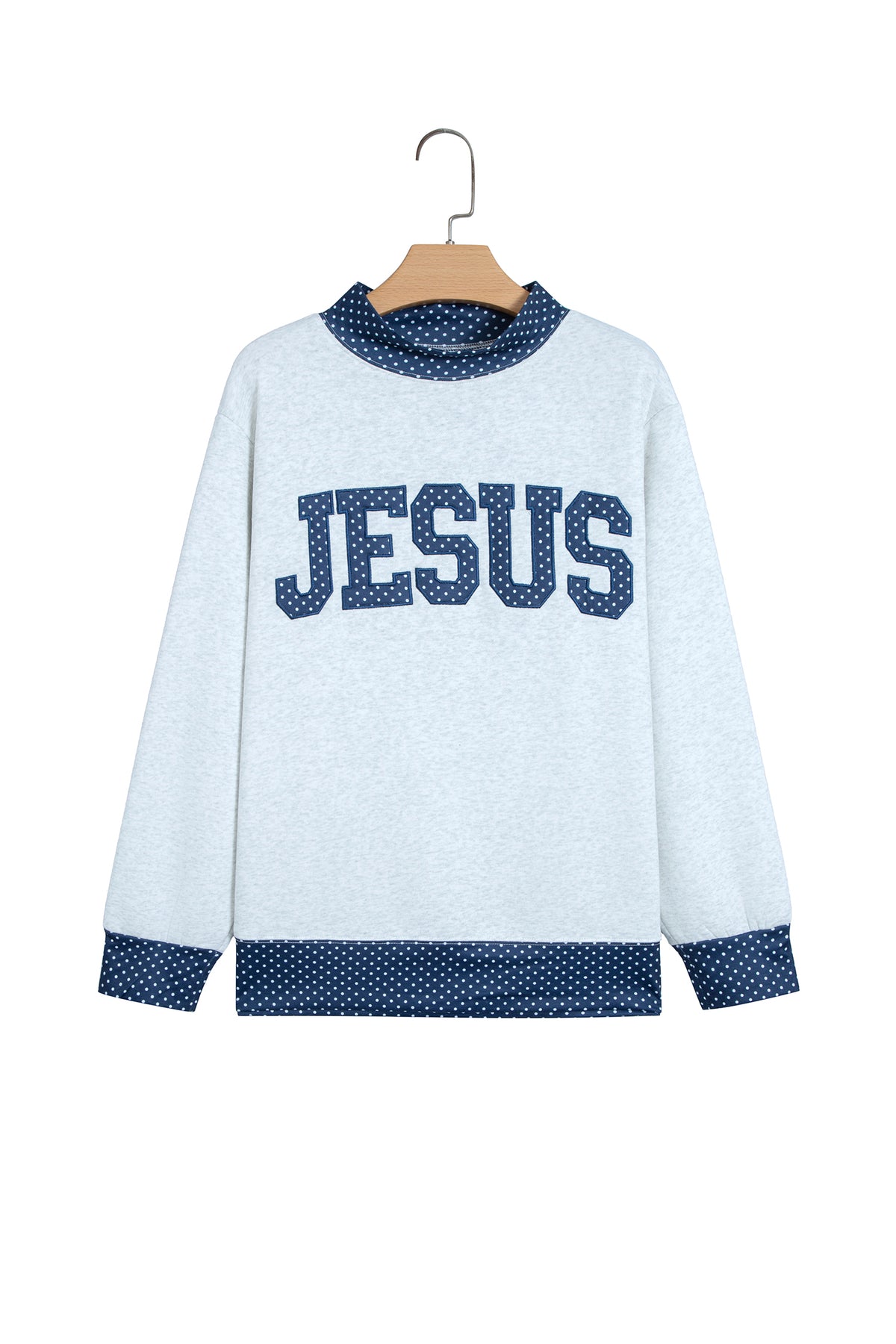 Light Grey Polka Dot Contrast Trim JESUS Letter Graphic Sweatshirt