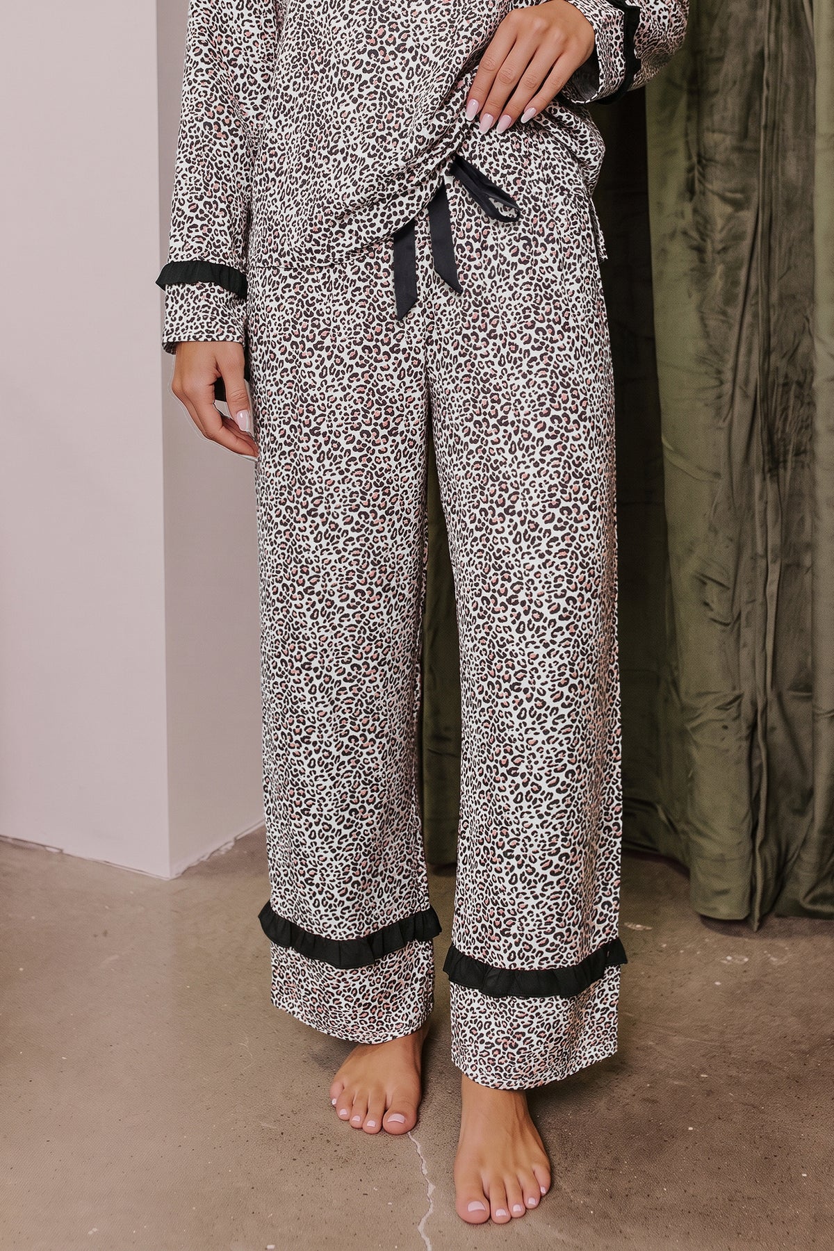 Brown Leopard Print Bow Knot Patchwork Long Sleeve Lounge Set