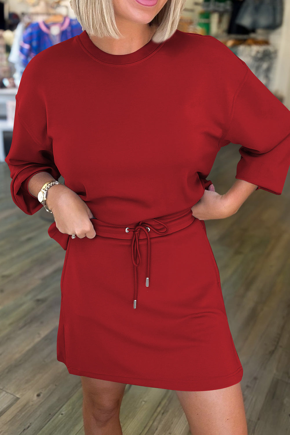 Coffee Solid Color Drop Shoulder Pullover Drawstring Mini Skort 2pcs Outfit