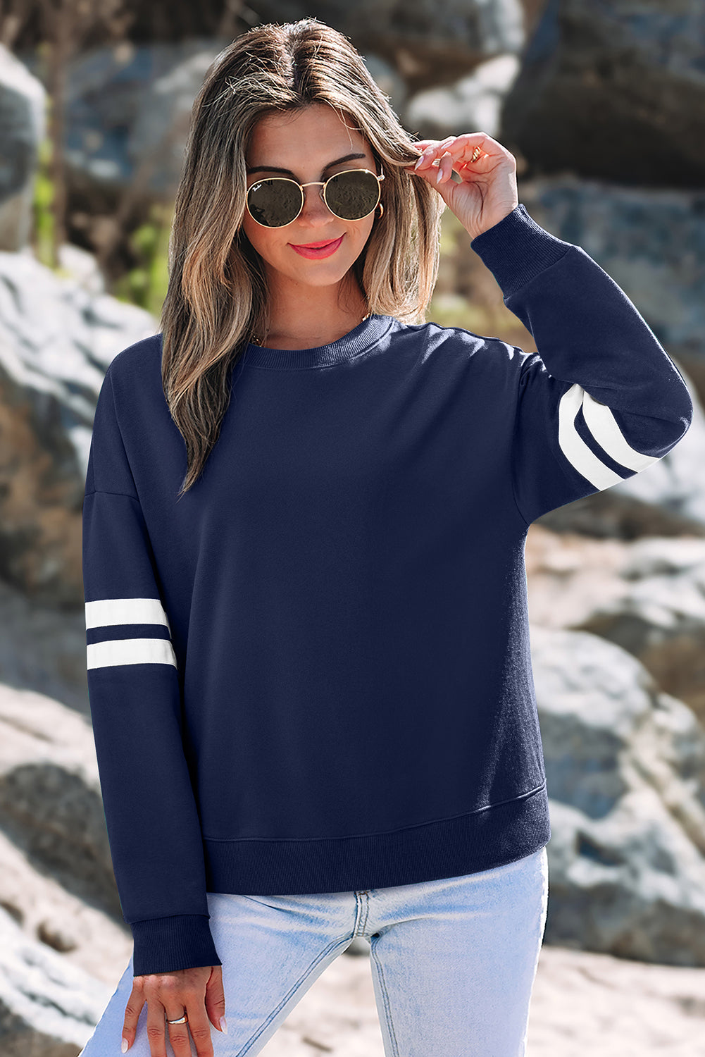 Navy Blue Varsity Striped Detail Drop Shoulder Oversized Sweatshirt