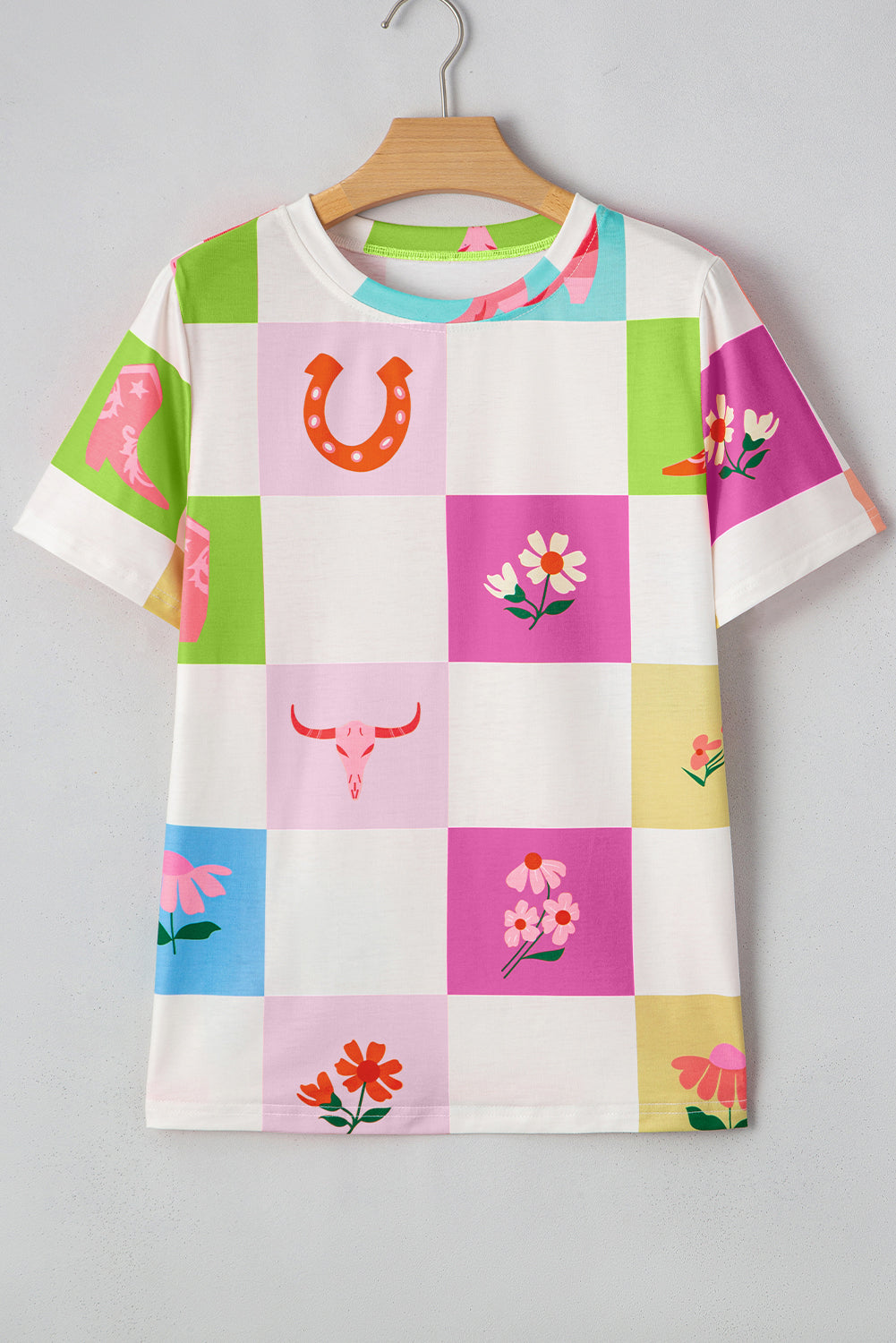 Orange Western Fashion Checker Print Crewneck T Shirt