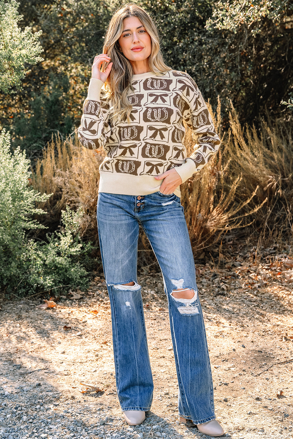 Black Bows & Horseshoes Pattern Western Fashion Print Sweater