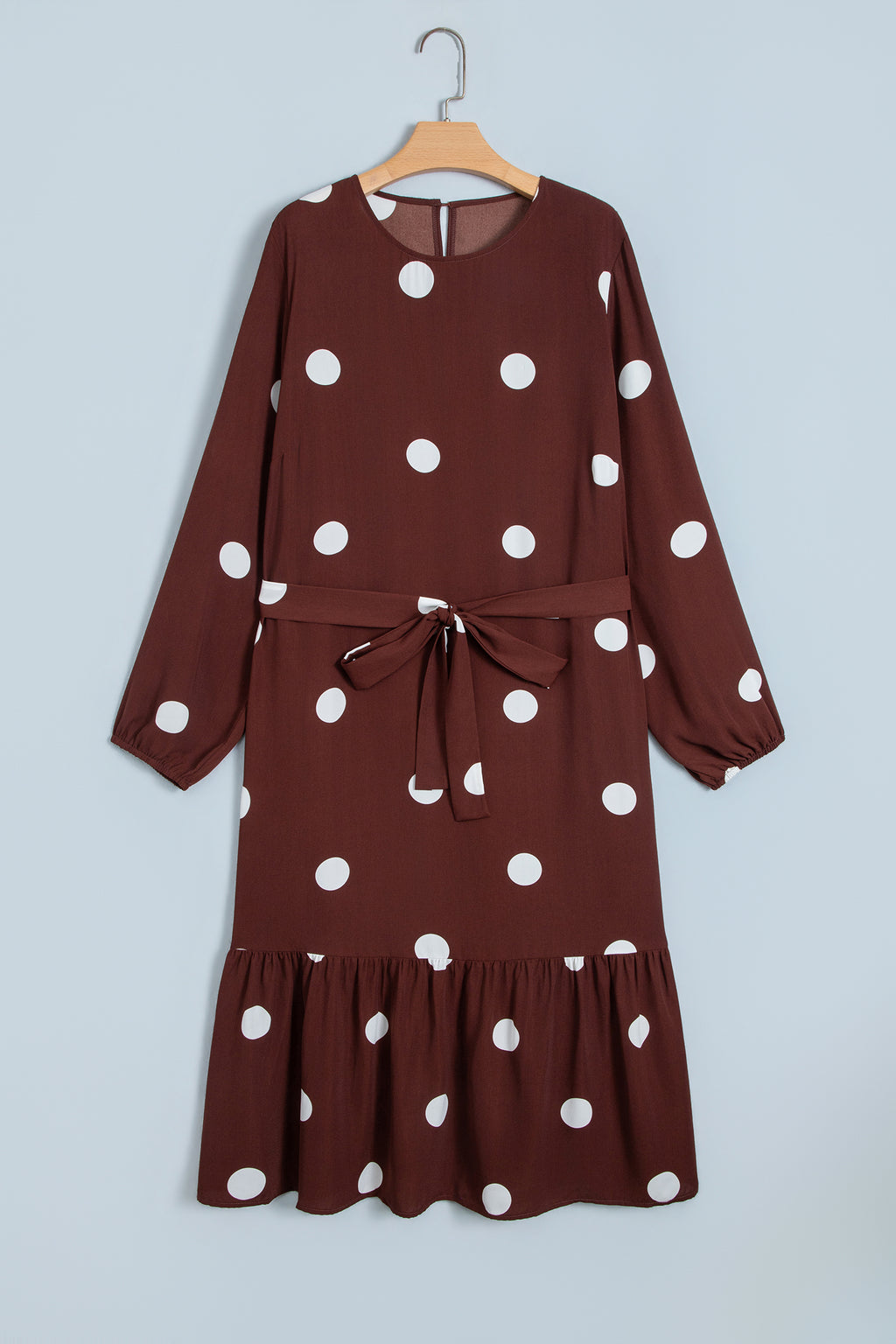 Brown Polka Dot Ruffled Hem Long Sleeve Tie Waist Plus Size Dress