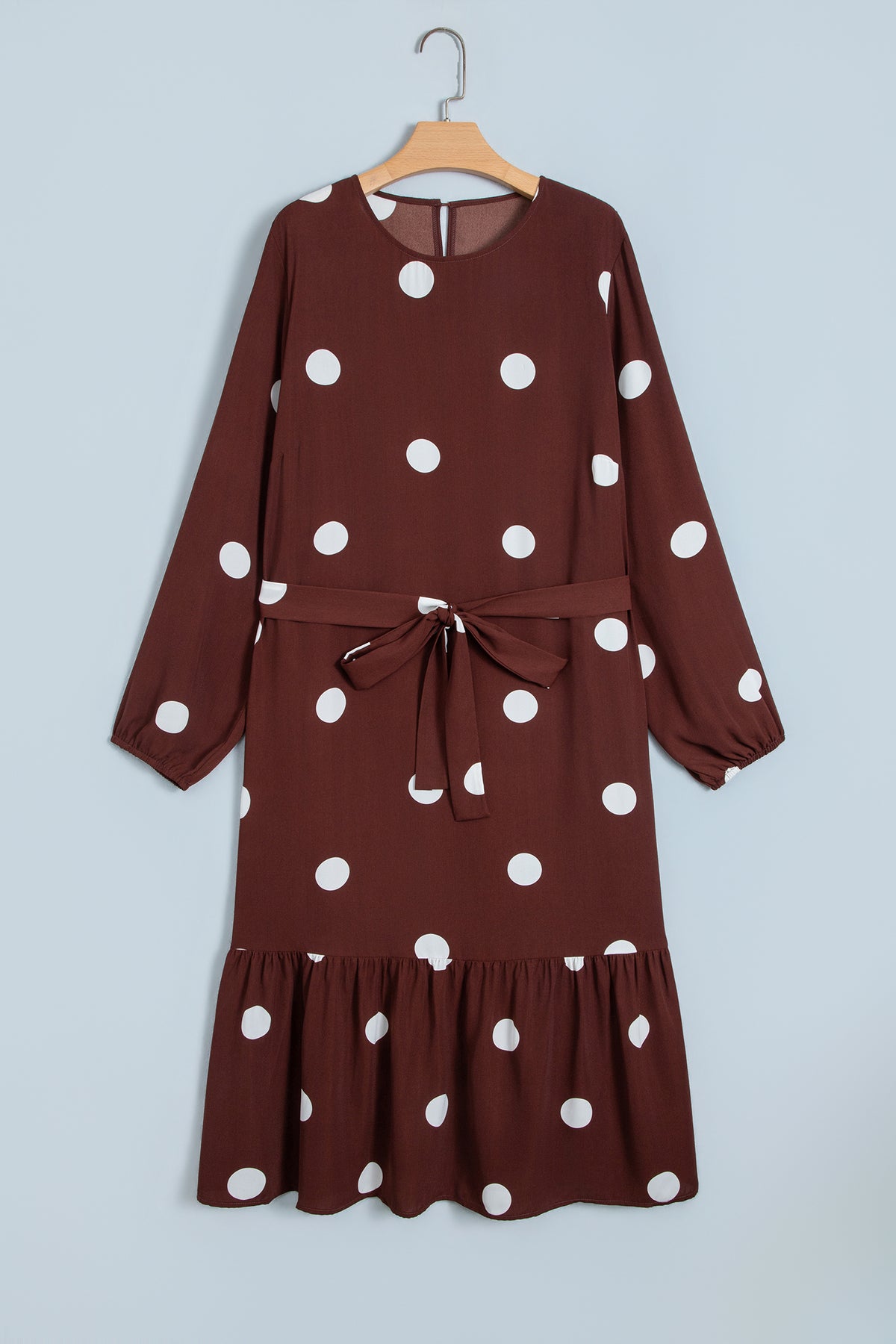 Brown Polka Dot Ruffled Hem Long Sleeve Tie Waist Plus Size Dress