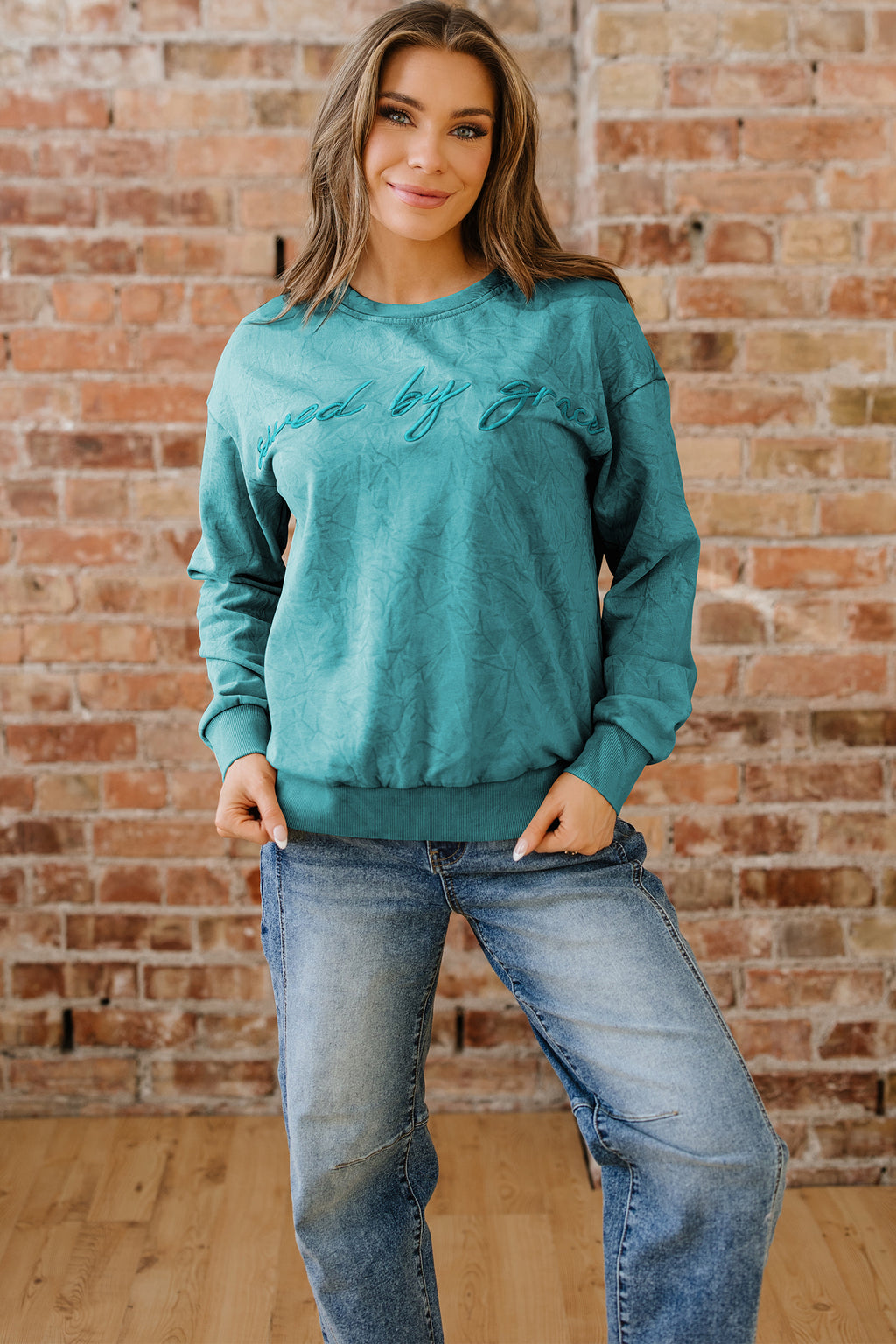 Mineral Red saved by grace Letter Embroidery Mineral Wash Loose Sweatshirt