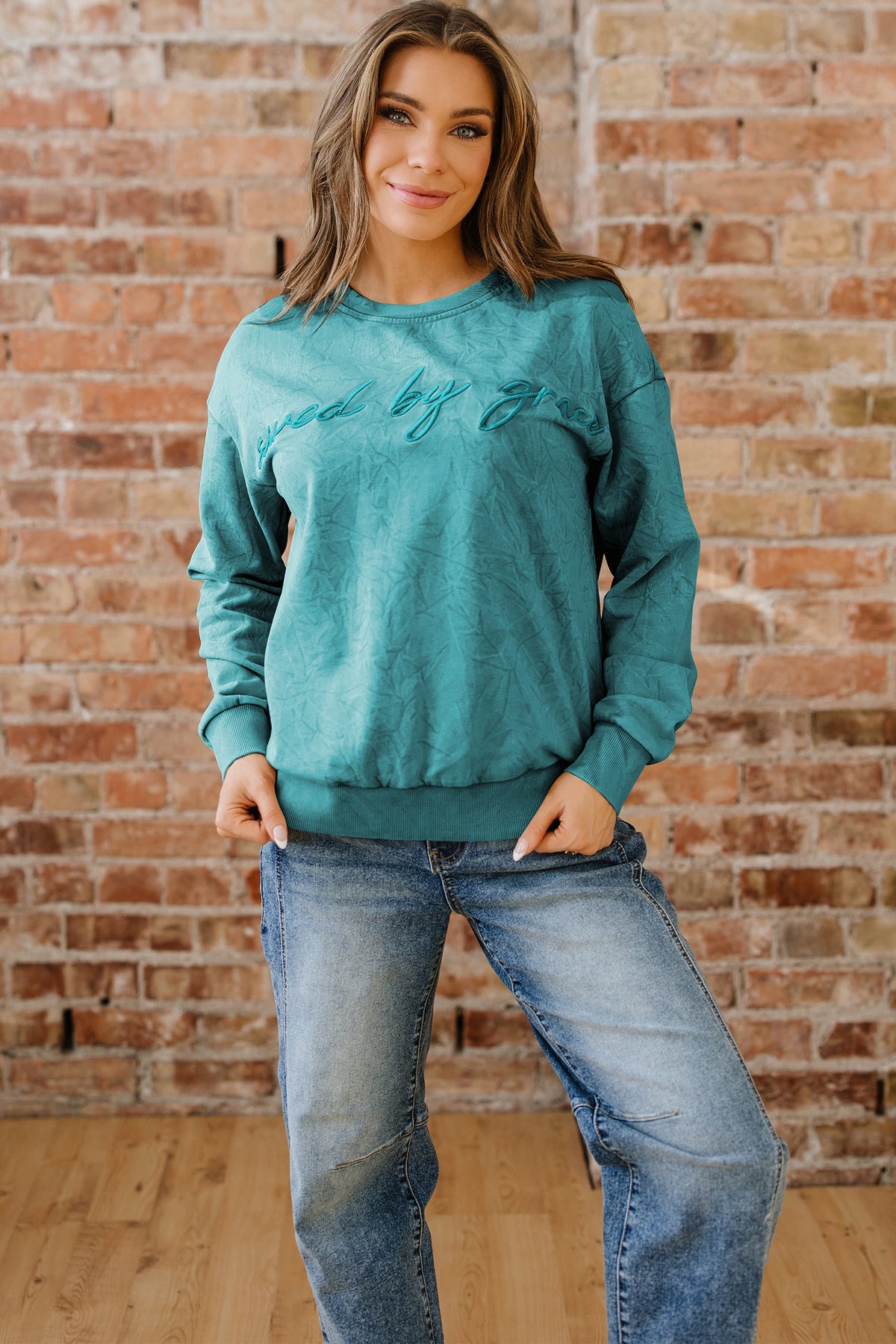 Mineral Red saved by grace Letter Embroidery Mineral Wash Loose Sweatshirt