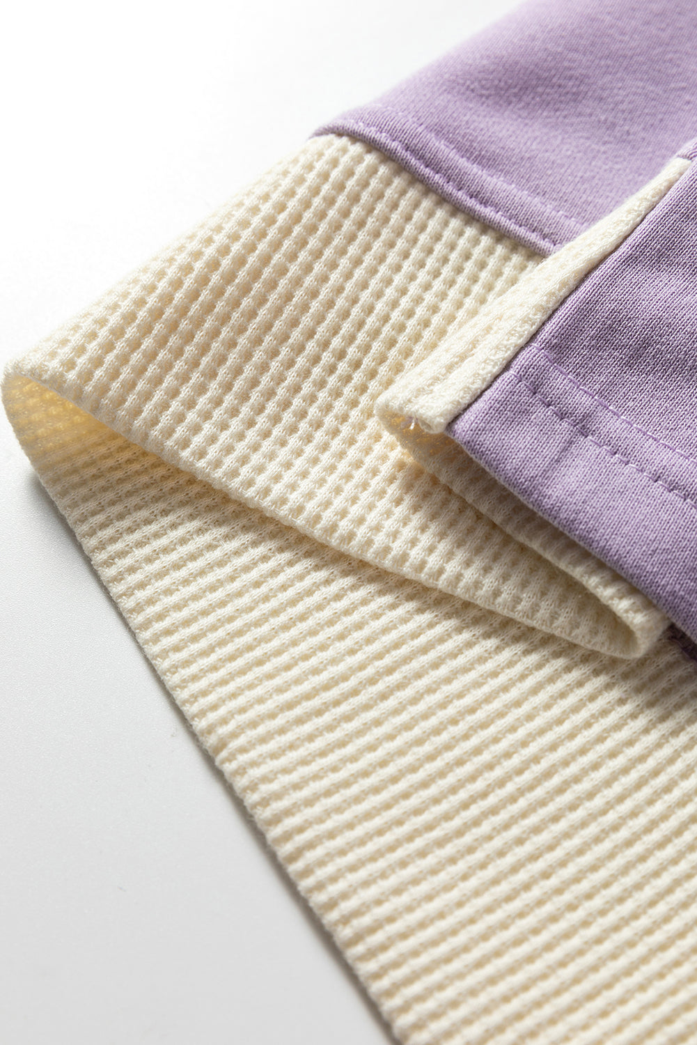 Light French Beige Waffle Contrast Knit Color Block Patchwork Button Front Oversize Hoodie