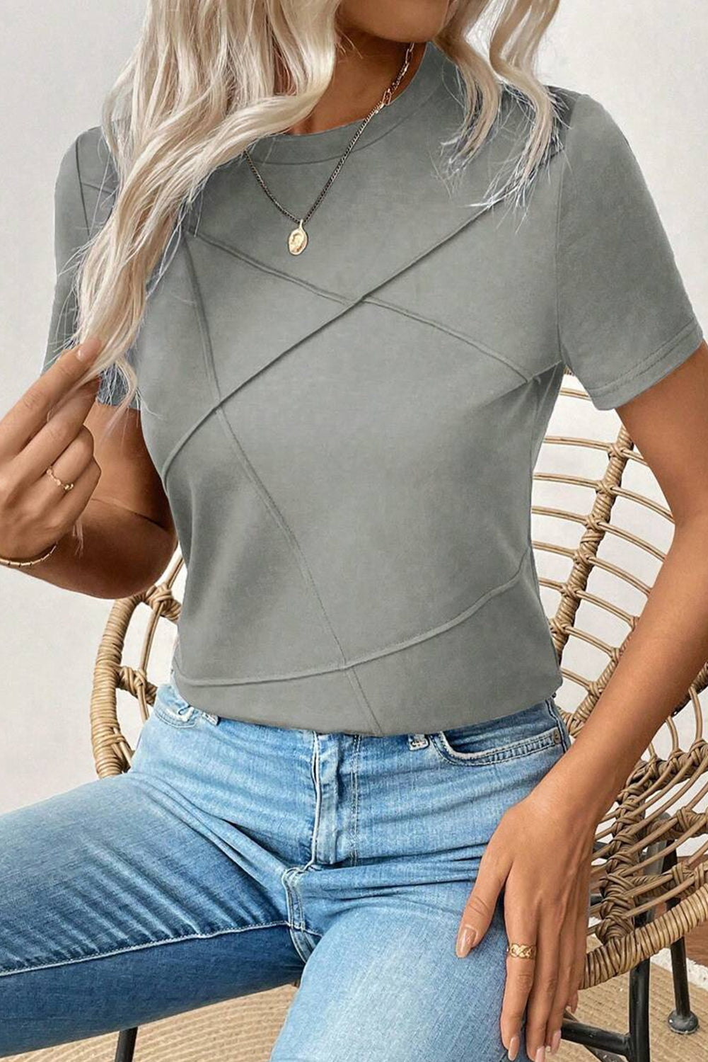 Blue Sapphire Solid Color Toothpick Stripe Round Neck T Shirt