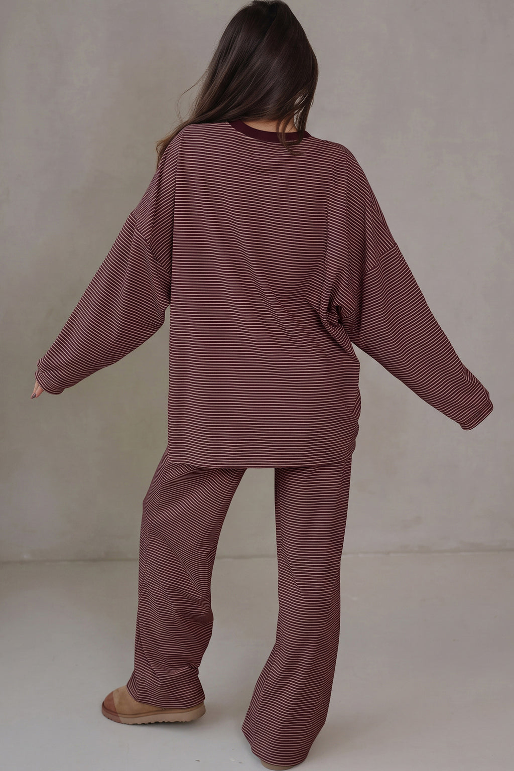 Beige Stripe Contrast Trim Round Neck Oversize Long Sleeve Top 2pcs Pant Set
