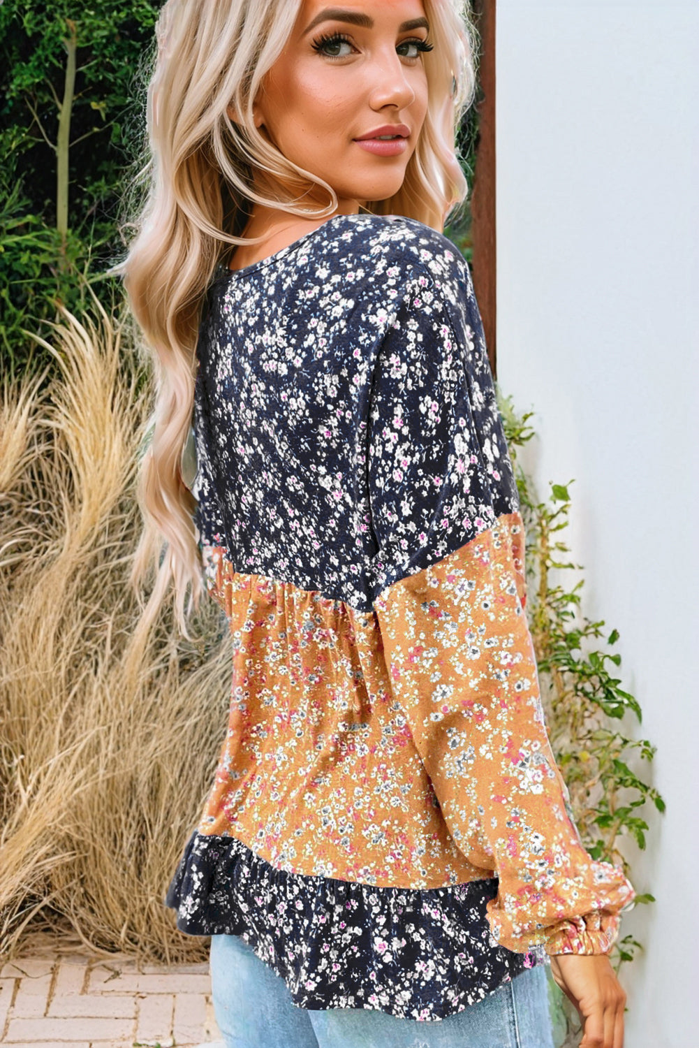 Orange Floral Color Block Patchwork Ruffled Hem Round Neck Blouse