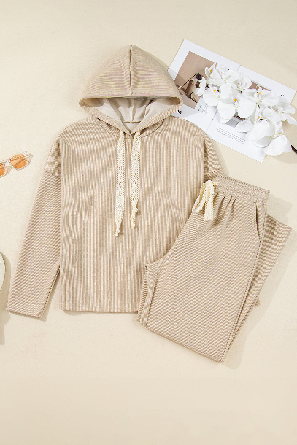 Parchment Leopard Drawstring Pullover Hoodie and High Waist Pants Corduroy Suit