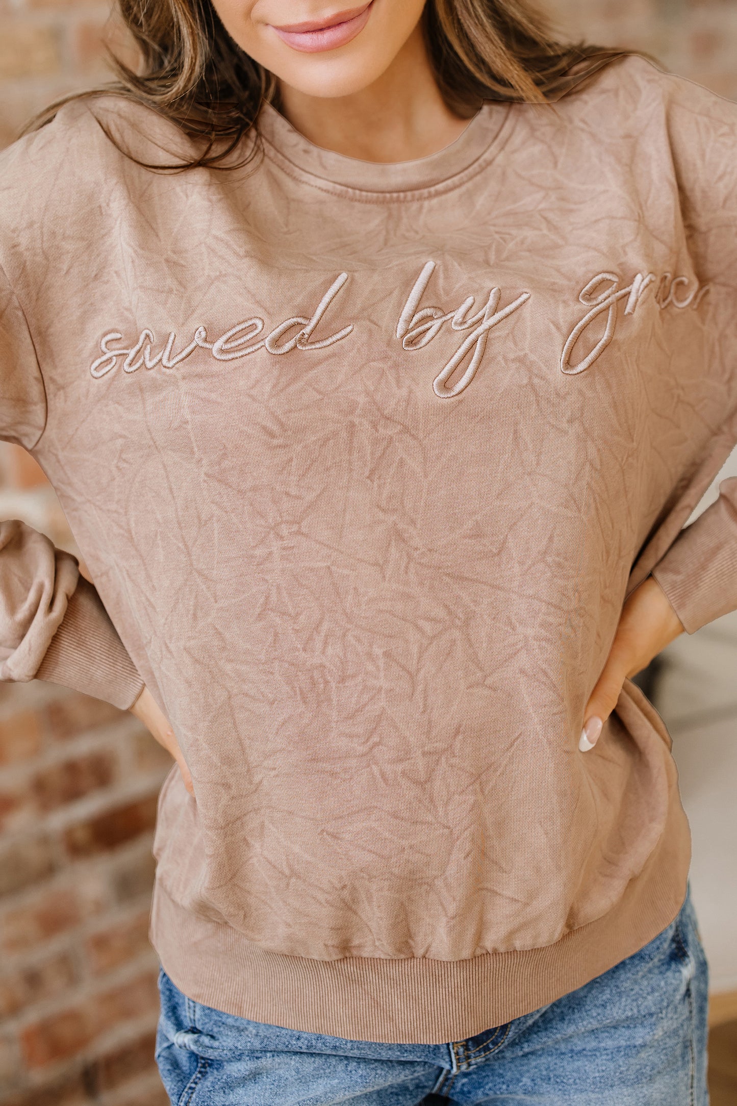 Mineral Red saved by grace Letter Embroidery Mineral Wash Loose Sweatshirt