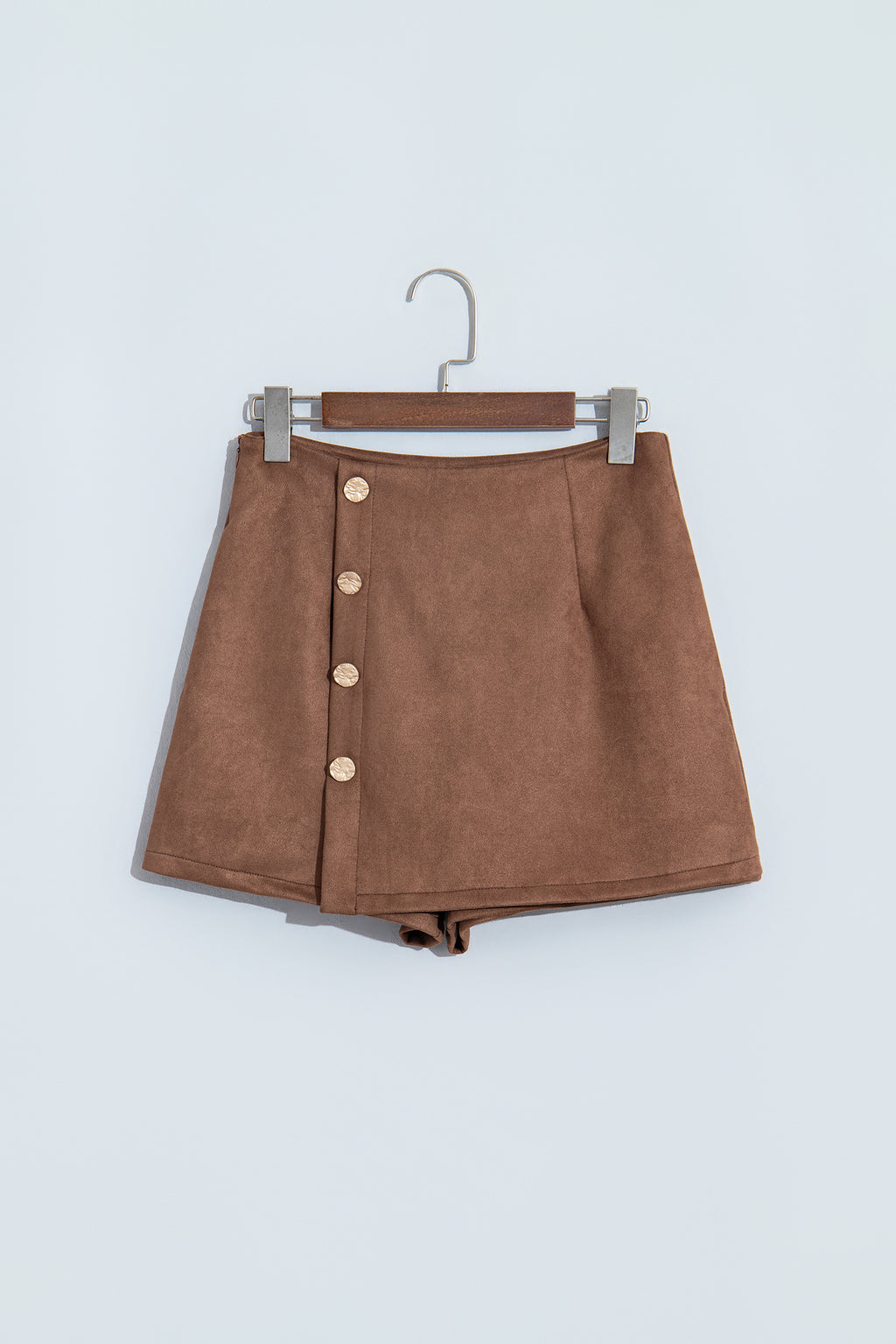Dark Khaki Gold Button Asymmetric Wrapped Detail Mini Skirt