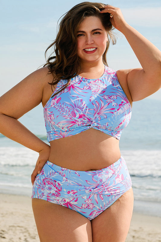 Sky Blue Plus Size Floral Print Twisted High Waist Bikini Set image 0