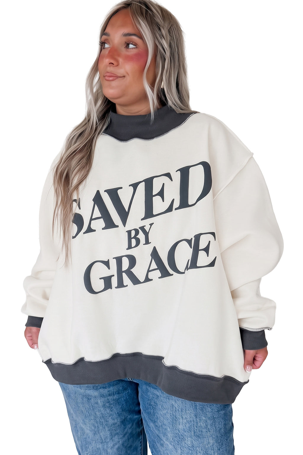 Beige SAVED BY GRACE Letter Print Color Block Mock Neck Plus Size Sweatshirt