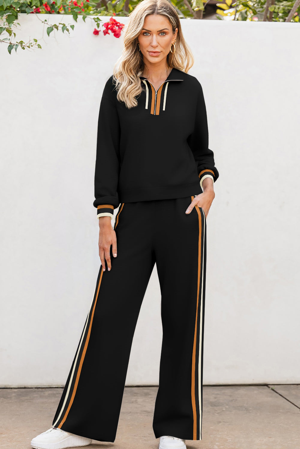 Apricot Striped Patchwork Quarter Zip Pullover Loose Pant Set