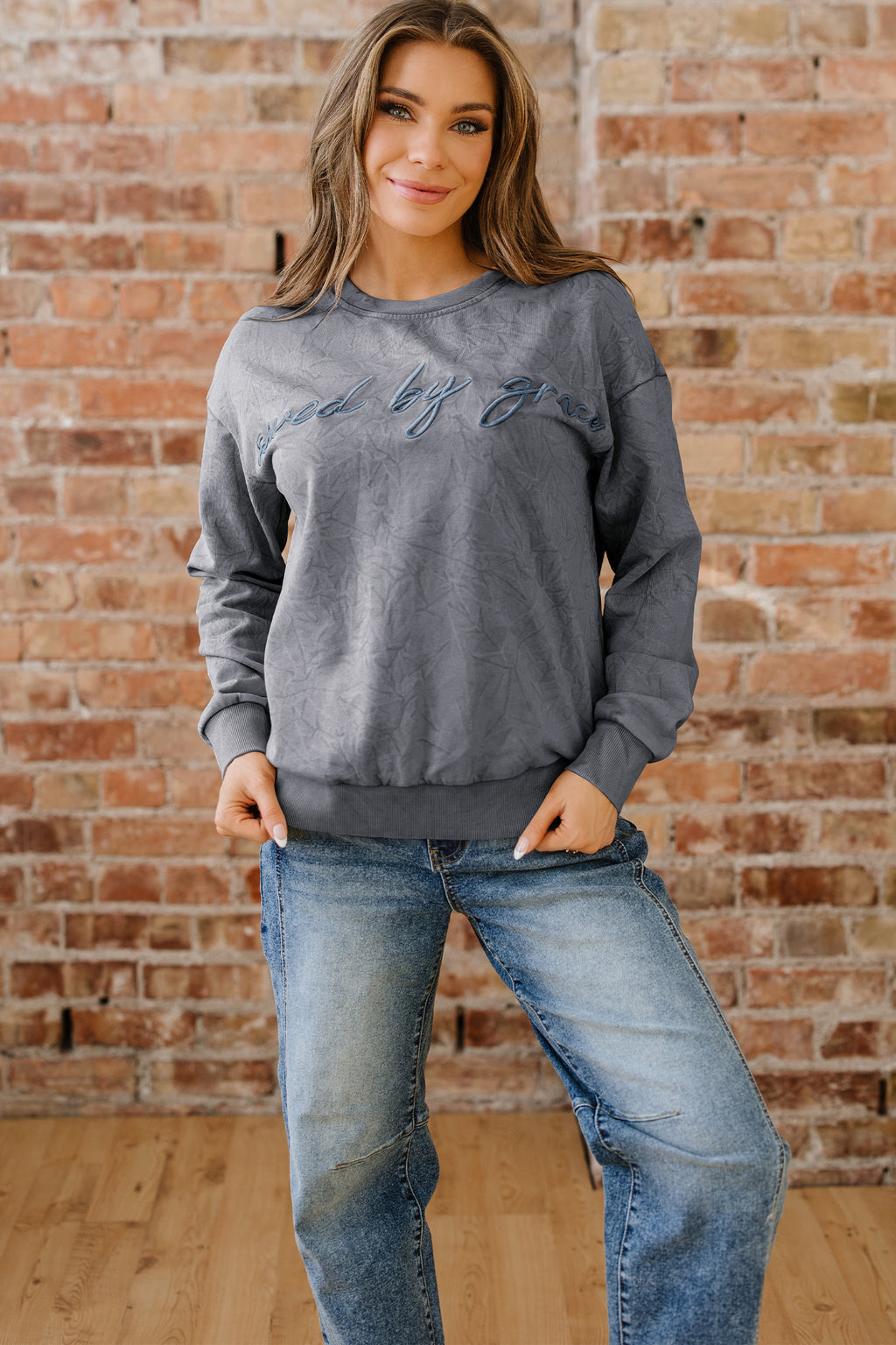 Mineral Red saved by grace Letter Embroidery Mineral Wash Loose Sweatshirt