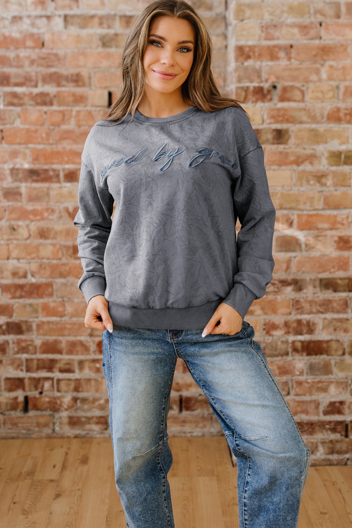 Mineral Red saved by grace Letter Embroidery Mineral Wash Loose Sweatshirt