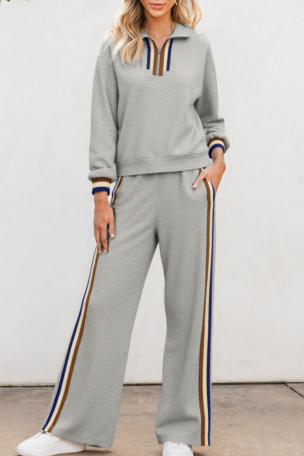 Apricot Striped Patchwork Quarter Zip Pullover Loose Pant Set