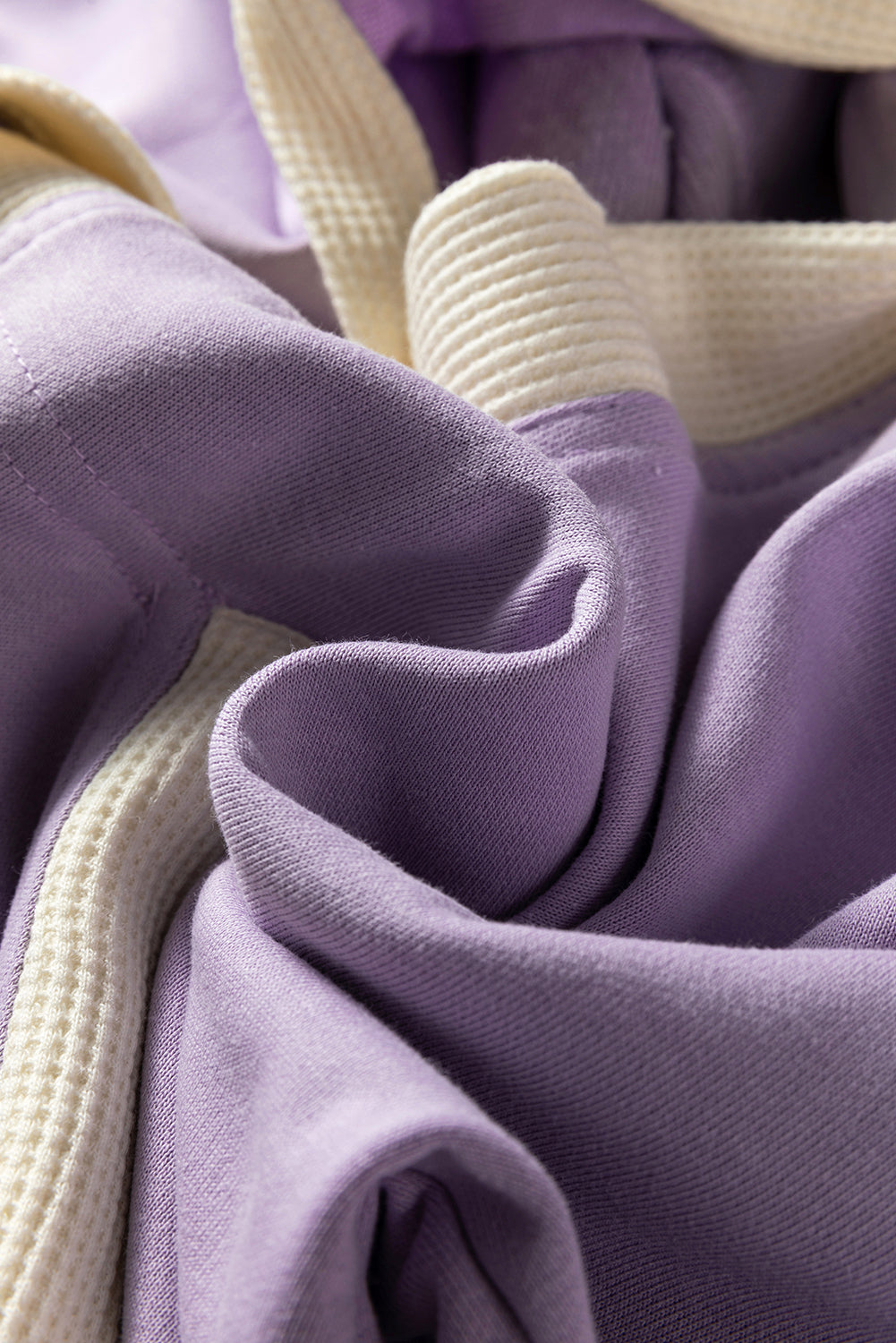 Light French Beige Waffle Contrast Knit Color Block Patchwork Button Front Oversize Hoodie