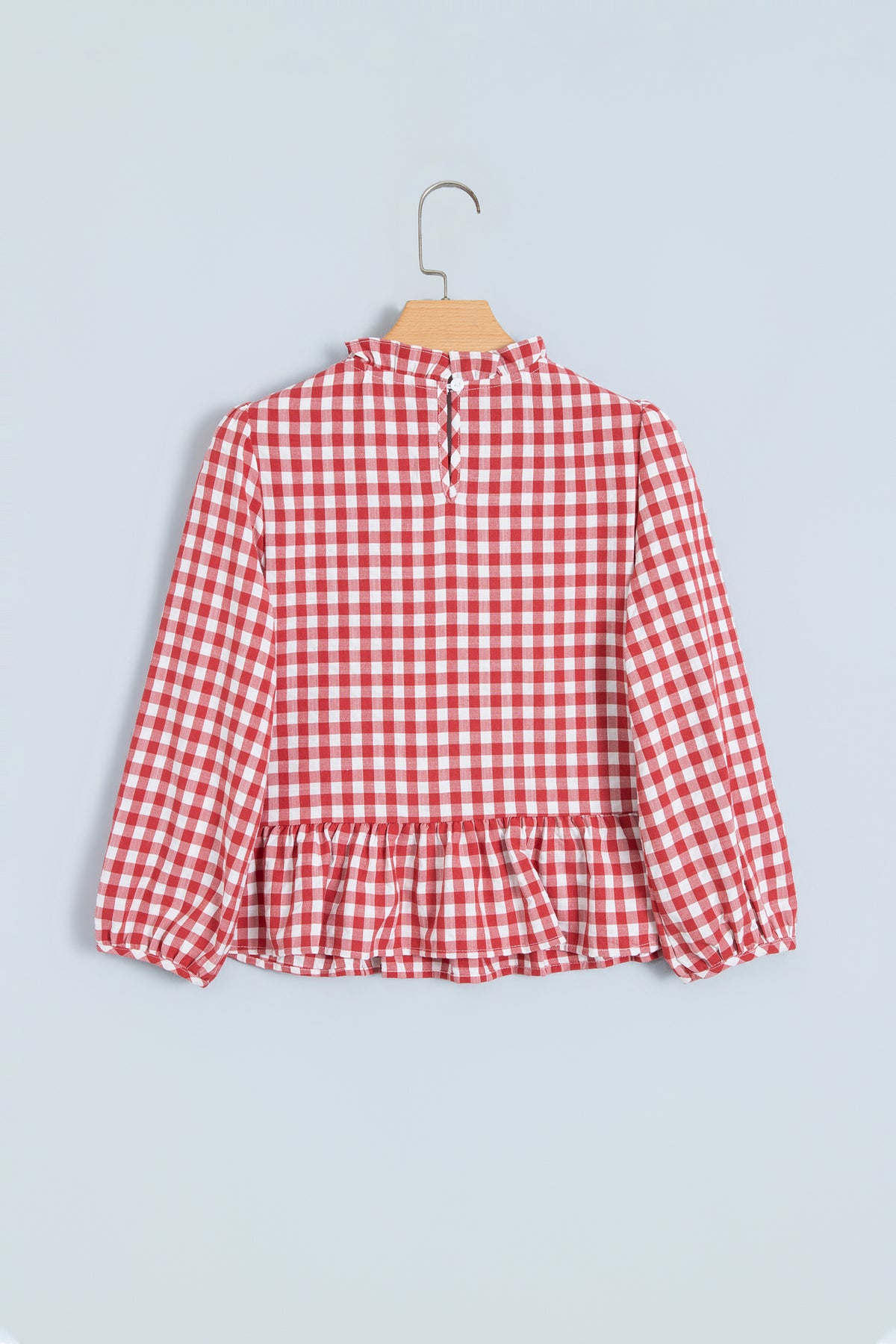 Green 3/4 Sleeve Shirred Plaid Peplum Top