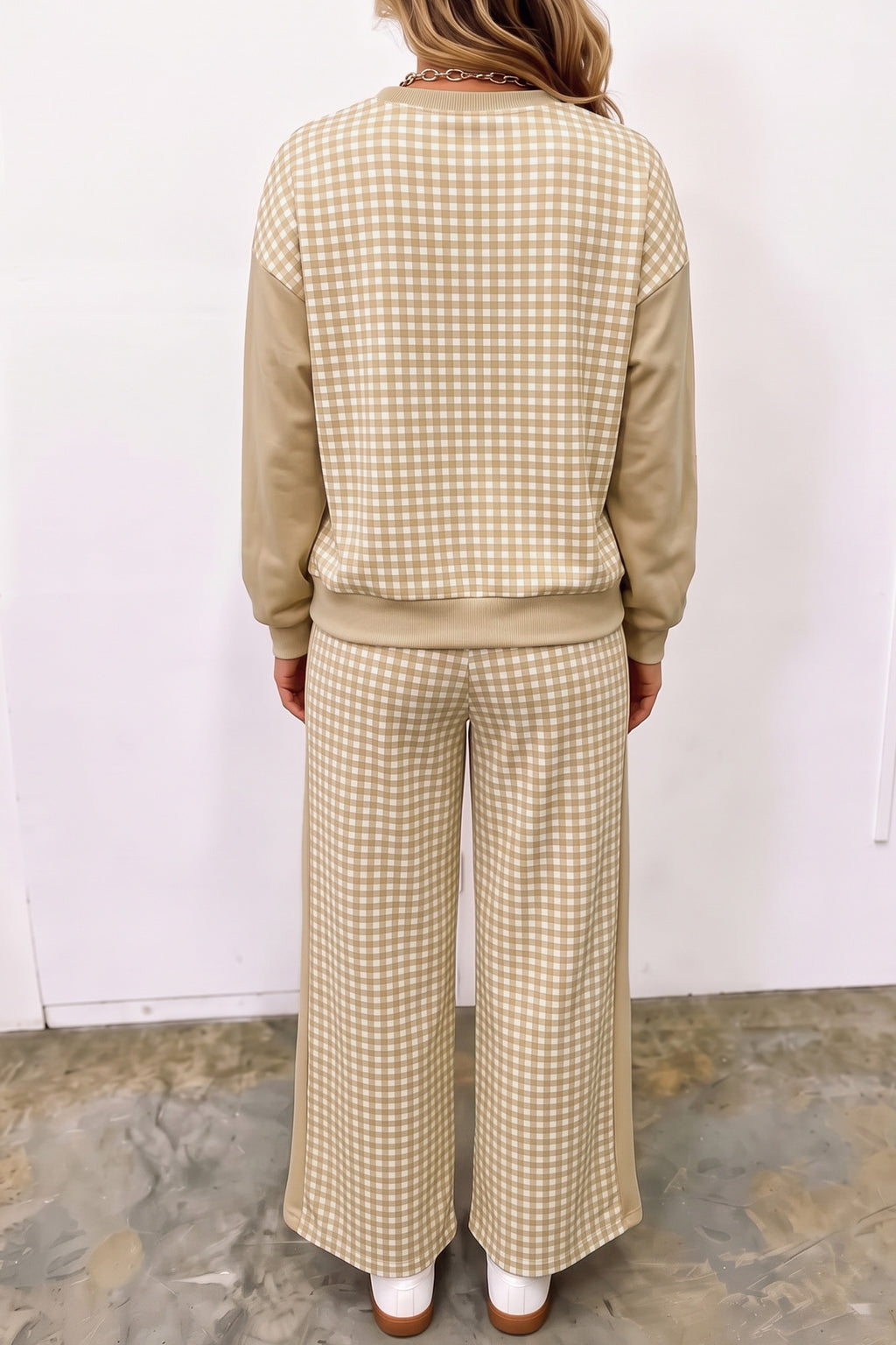 Khaki Color Block Plaid Patchwork Long Sleeve Pullover Wide Leg Pant Set
