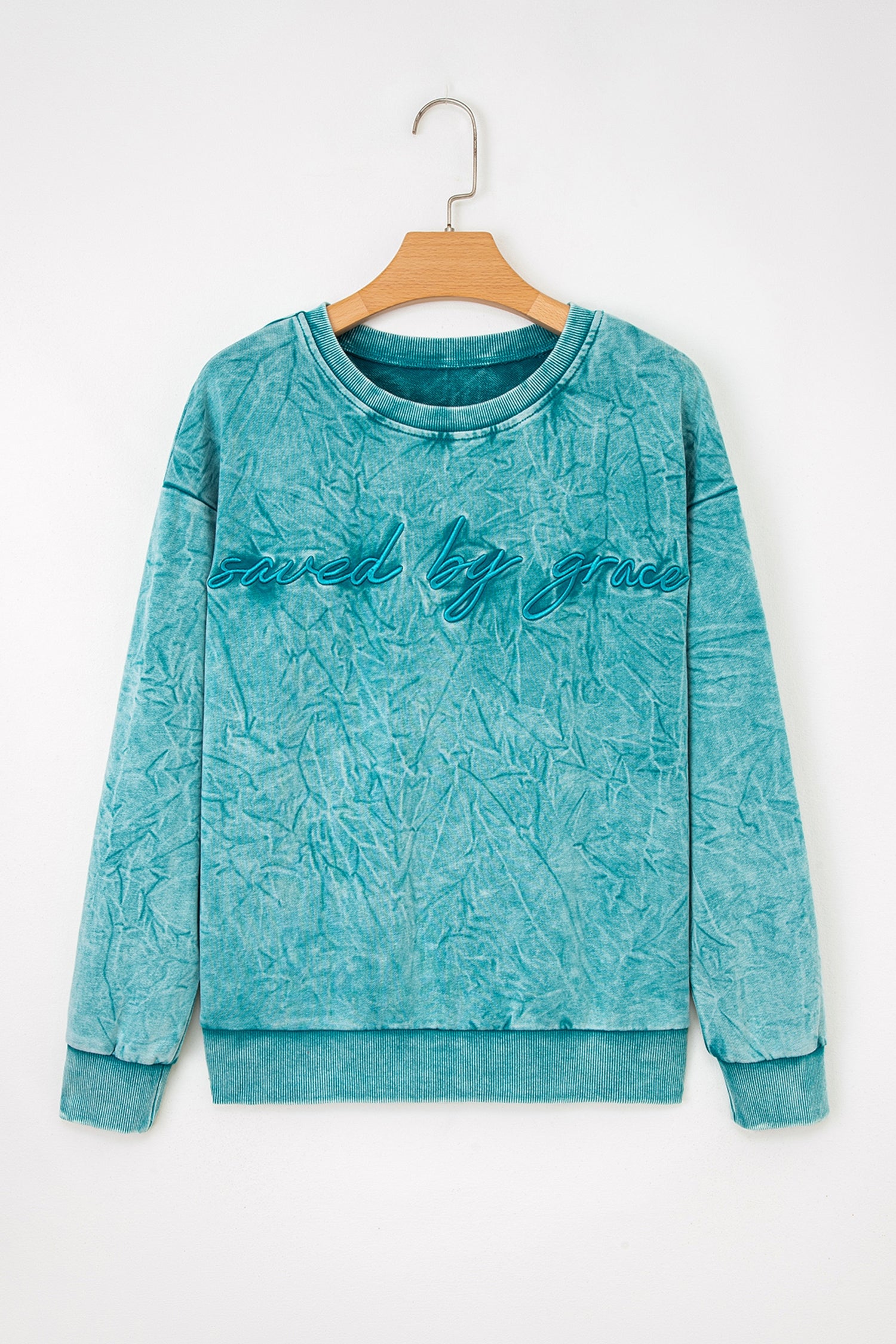Mineral Red saved by grace Letter Embroidery Mineral Wash Loose Sweatshirt