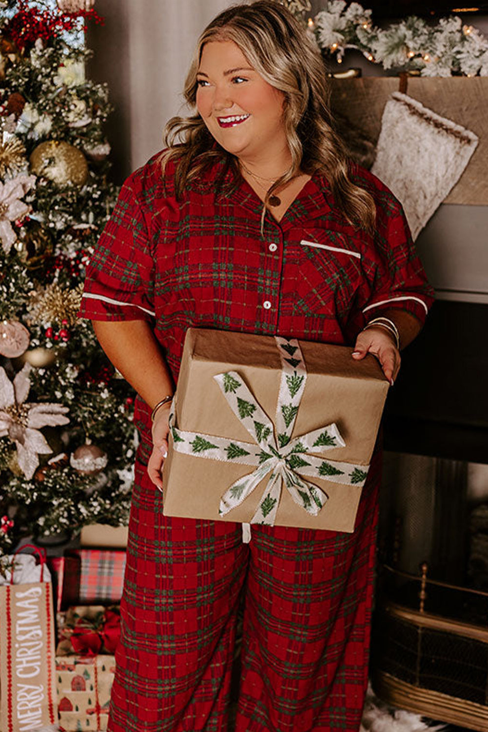Red Plus Size Plaid Short Sleeve Shirt Loose Pants 2pcs Pajama Set
