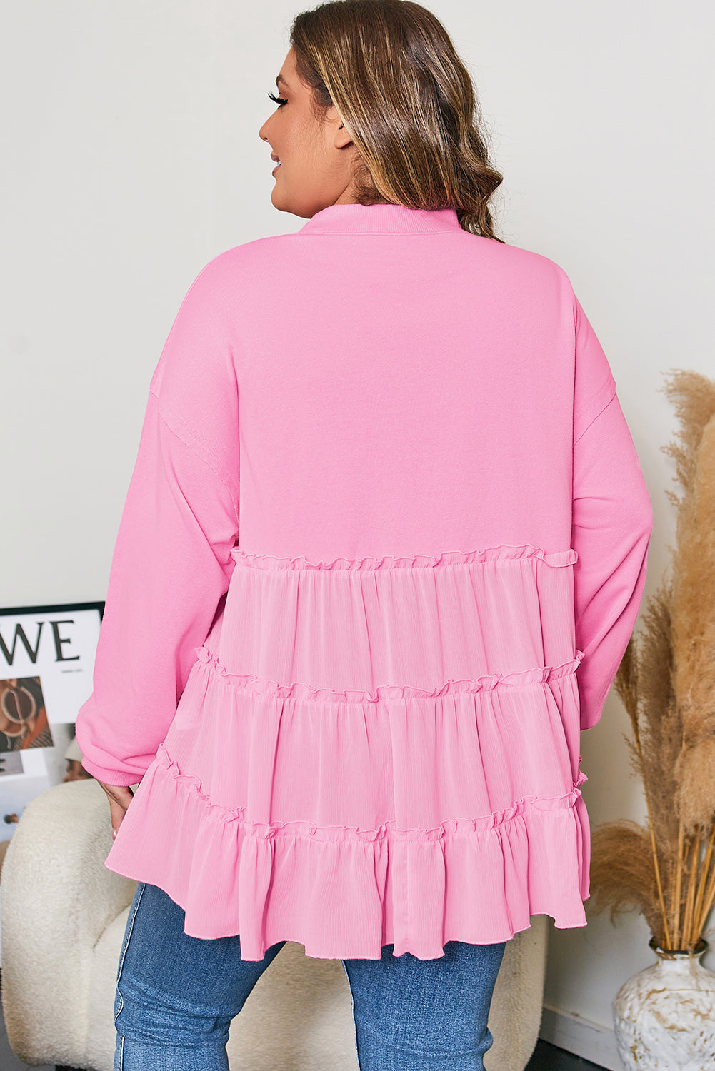 Navy Blue Tiered Ruffle Ribbed Crew Neck Pullover Plus Size Top
