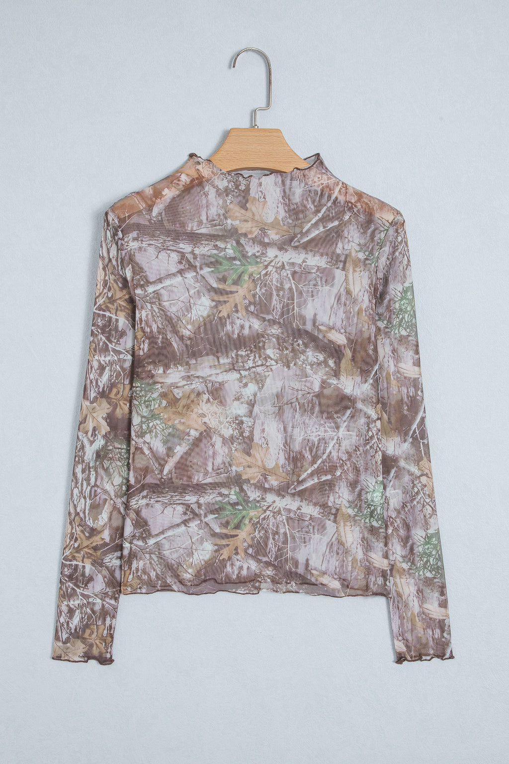 Oatmeal Western Print Slim Fit Mesh Long Sleeve Mock Neck Top