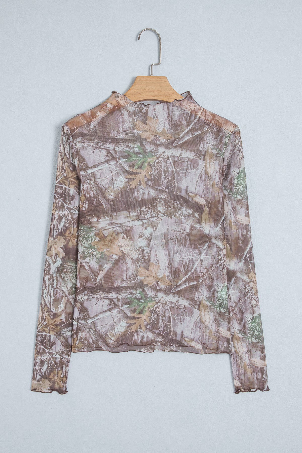 Oatmeal Western Print Slim Fit Mesh Long Sleeve Mock Neck Top