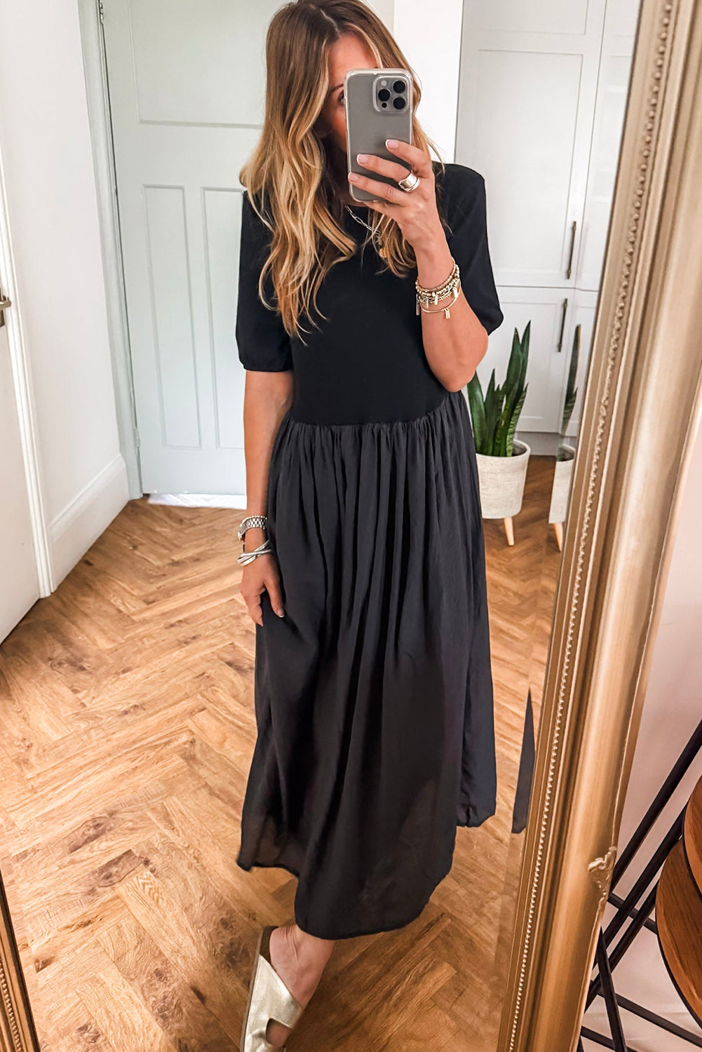 Coffee Short Sleeve Knit Top Patchwork Pleated Long Dress