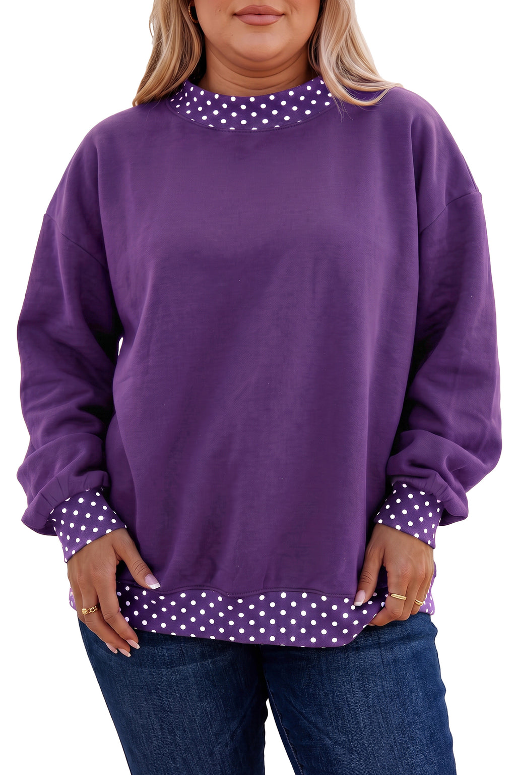 Orange Polka Dot Patchwork Round Neck Plus Size Sweatshirt