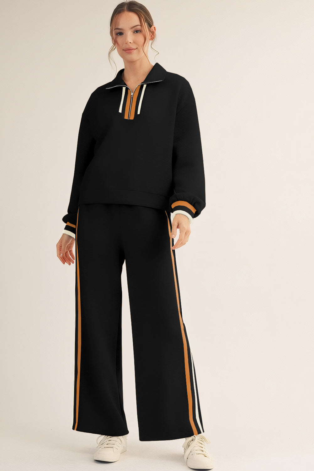 Apricot Striped Patchwork Quarter Zip Pullover Loose Pant Set