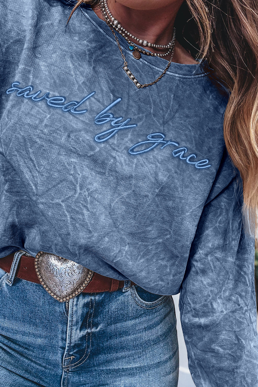 Mineral Red saved by grace Letter Embroidery Mineral Wash Loose Sweatshirt