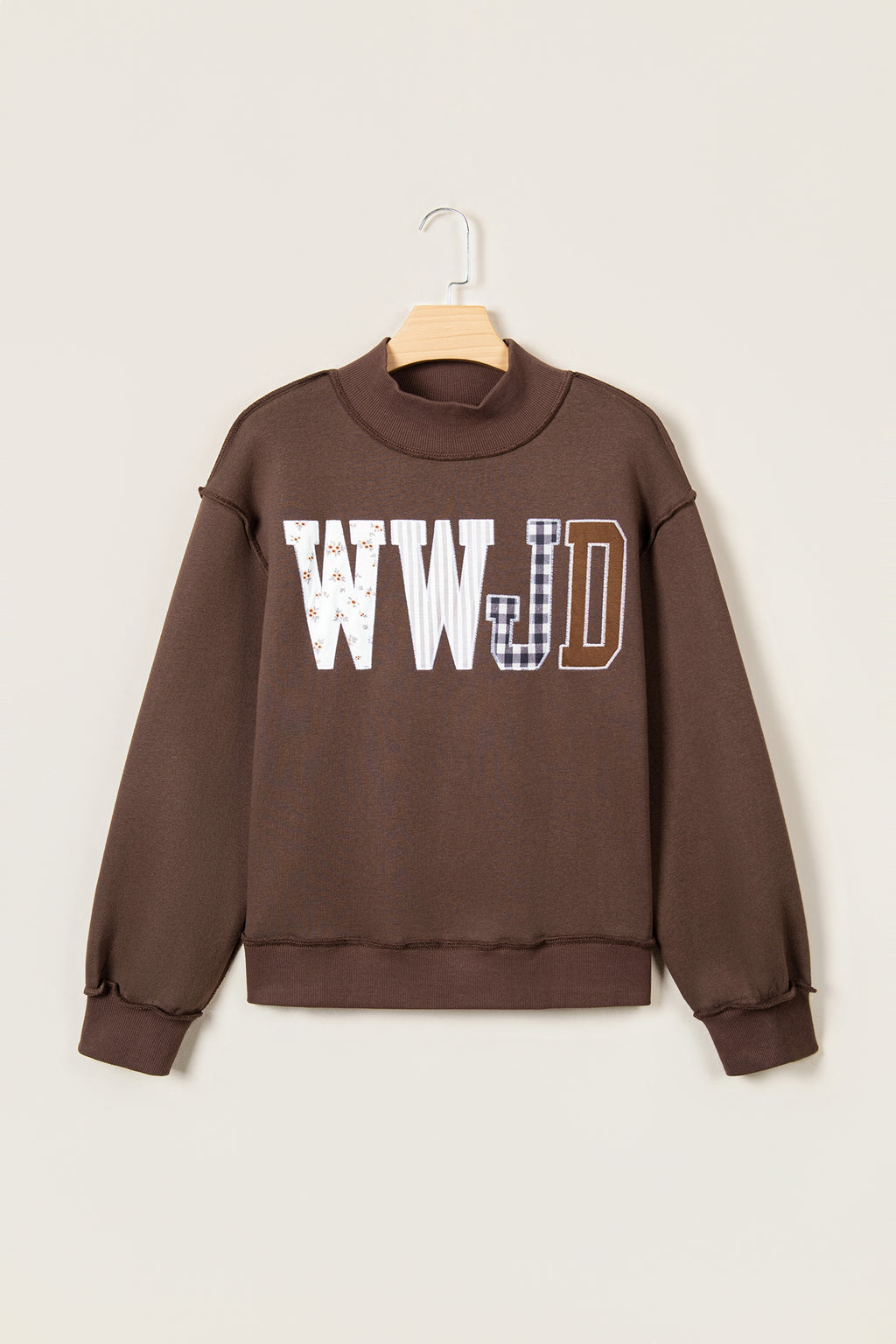 Gray WWJD Mixed Pattern Embroidered Patch Graphic Mock Neck Sweatshirt