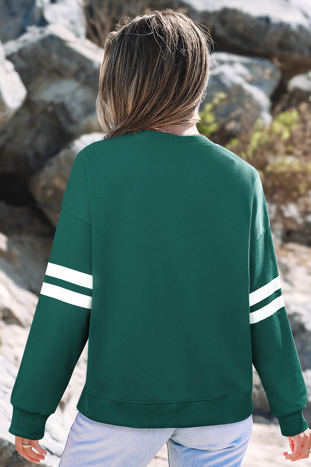 Navy Blue Varsity Striped Detail Drop Shoulder Oversized Sweatshirt
