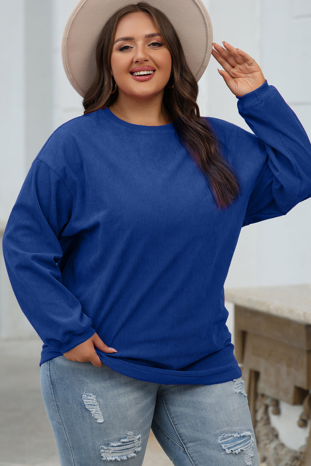 Strawberry Pink Ribbed Corduroy Oversized Sweatshirt